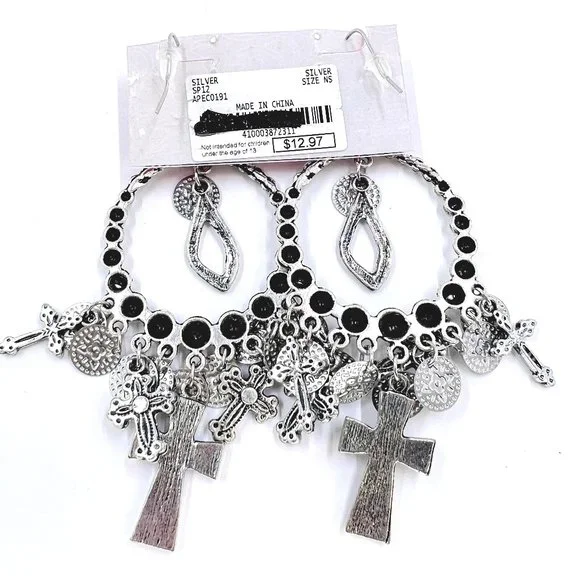 NWT – Charming Charlie – Cross & Disk Charms Silver Tone Dangle 4” Earrings - Picture 8 of 9